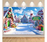 Uno sfondo natalizio con regali e bastoncini di zucchero, strade innevate, con un cartello che recita "Benvenuti a Whoville", adatto come accessorio da studio, forniture per feste, decorazioni per la