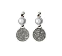 UNOde50 Orecchini originali in stile romano composti da tre pezzi: due perle a goccia allungate di diverse dimensioni e rifinite con una moneta antica placcata in argento