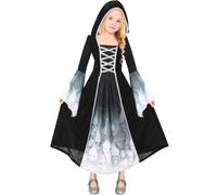 UNOLIGA Vestito Halloween Bambina 5 6 7 8 9 10 Anni, Costume Halloween Morte Ragazza, Abito Horror Bambina Mietitore Scheletro (Altezza Consigliata 110-145 cm) (XL)