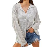 UnoSheng Camicia da donna a maniche lunghe, elegante, colore nero, a maniche lunghe, con paillettes alla moda e tinta unita, per il tempo libero, argento, L