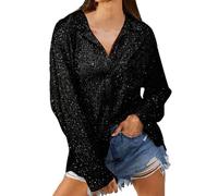 UnoSheng Camicia da donna a maniche lunghe, elegante, colore nero, a maniche lunghe, con paillettes alla moda e tinta unita, per il tempo libero, Nero , L