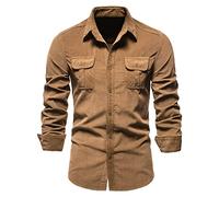 UnoSheng Camicia in jeans da uomo, a maniche lunghe, blu, vestibilità normale, per il tempo libero, business, semplice, con bottoni, girocollo, per adulti, marrone, XL