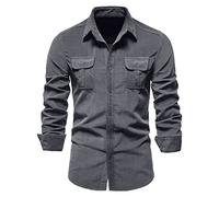 UnoSheng Camicia in jeans da uomo, a maniche lunghe, blu, vestibilità normale, per il tempo libero, business, semplice, con bottoni, girocollo, per adulti, grigio., XXXL