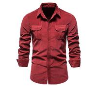 UnoSheng Camicia in jeans da uomo, a maniche lunghe, blu, vestibilità normale, per il tempo libero, business, semplice, con bottoni, girocollo, per adulti, Colore: rosso, L