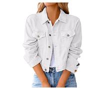 UnoSheng Cappotti da donna in maglia vintage giacca jeans casual risvolto verso il basso tasca manica lunga distaccata camicia corta jeans cappotto donna lunga, bianco, S
