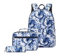 UnoSheng Zaini per la scuola tie dye con borsa per il pranzo per uomini e donne borsa per libri scolastici per scuola media astuccio 3 pz zaino da viaggio per donne, Blu, Taglia unica, Zaini