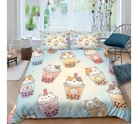 UNRXJZLVM cute cat drinksSet Di Copripiumino ultra microfibra 3 pezzi motivo 3D con cerniera kawaii bubble tea style copripiumino con federe traspirante ultra morbido for coppie Super king（260x220cm）