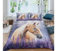 UNRXJZLVM Golden horse in forestSet Di Copripiumino microfibra morbida 3 Pezzi stampa 3D con cerniera Lavender field copripiumino incluso federe aiosa ultra morbido for coppie Single（135x200cm）