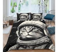 UNRXJZLVM space cat astronautSet Di Copripiumino ultra microfibra 3 pezzi motivo 3D con cerniera black white illust copripiumino con federe soffice ultra morbido for ragazze King（220x240cm）