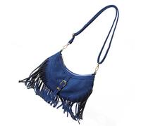 UNTERING Borsa a tracolla da donna, stile retrò, con frange e tracolla regolabile, spaziosa borsa a tracolla in pelle PU, Blu, 26x4x16cm /10.23x1.57x6.29in