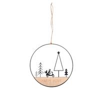 UNUS Gancio decorativo rotondo circa 25 cm scritta Happy Home con guida e alberi, moderna decorazione invernale in legno e metallo nero da appendere alla porta o alla finestra