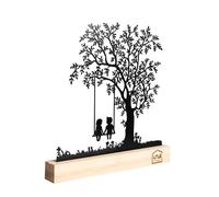 UNUS Supporto decorativo per albero, bambini sull'altalena, supporto in metallo nero con base in bambù, decorazione per davanzale, tavolo da pranzo, soggiorno, decorazione primaverile