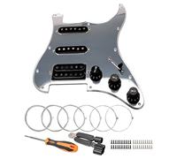 Unxuey Piastra di protezione precablata a 11 fori caricata con parti di pickup SSH nera per chitarra Fender Strat SQ, 1 strato, argento, con corde per chitarra e strumento di installazione