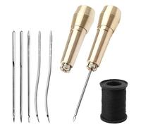 UOCAI Set di 2 Manici in Rame Punteruolo da Calzolaio in Pelle Strumenti per La Riparazione Delle Scarpe con 2 Manici in Ottone, 2 Aghi Diritti, 2 Aghi Curvi, 2 Fori per Aghi E 50m di Filo Nero