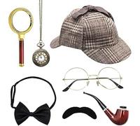 UOCAI Set di 7 accessori per costume da detective, Sherlock Holmes, accessori per costume con cappello detective, occhiali falsi baffi, mosche, detective cosplay, accessori di scena per carnevale
