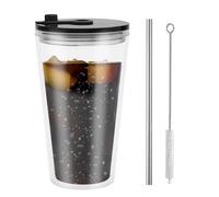 UOCAI Tazza di Plastica con Coperchio e Cannuccia, 16oz Tazza da Caffè a Doppia Parete con Adesivo per Lettere e Spazzola per Cannuccia, Riutilizzabile per Caffè, Succo di Frutta, Frullato