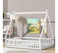 UOCFYK Letto da pavimento Montessori con recinzione e porta, in legno di pino con testiera a forma di tenda e guardrail a tutta lunghezza, per ragazzi e ragazze, facile da montare, bianco