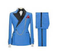 Uomini Abiti Gialli Con Risvolto A Punta Un Bottone Casual Slim Business Matrimonio Sposo 2 Pezzi Blazers Pantaloni, Blu, S