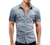 Uomini Denim Camicia Sottile Manica Corta Morbido Cotone Due Tasche Slim Lieve Elastico Jeans Camicia Cowboy, Azzurro, M