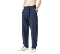 Uomini Estate Stile Cinese Tinta Unita Invasione Retrò Drappeggiato Moda Cotone Lino Pantaloni Casual, blu navy, L