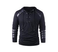 Uomini Felpa con Cappuccio Gothic Steampunk con Cordino Costume Medievale a Maniche Lunghe da Cavaliere Pullover in Pelle con Cuciture in Pelle Nero, XXXL