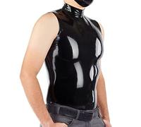 Uomini Nero Latex Vest Top Camicia Collo Alto Senza Maniche Costume Top Maschile, Nero , M