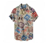 Uomini Retro American Postal Timbre Pattern Button Up Camicia Vintage USA Bandiera e francobollo Stampa Manica corta Casual Hawaiian Camicia Patriotic Summer Beach Aloha Camicia per collezionisti
