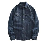 Uomini Sport Affari A Righe Denim Camicia Retro Sciolto Monopetto Stile Fidanzato Cargo Coat, Blu, M