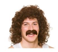 Uomo 1960s 70s Perm Parrucca + Baffi Disco Parrucca Marrone