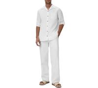 Uomo 2 pezzi vestito in lino estivo casual button down Co Ord set manica lunga camicia di lino e pantaloni con colletto tute da uomo abiti da festa vestito da festival, 01 Bianco, L