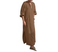 Uomo Caftano Lato Split Manica Corta Robe Cotone Musulmano Caftano Islamico Abbigliamento Etnico Moda Uomo Casual Chic Musulmano Cotone Lino Scollo a V Manica Lunga Tunica Top, caffè, XXL
