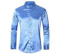 Uomo Camicia Casual Finta Seta Raso Lucido Top con Bottoni Slim Performance