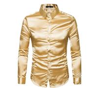 Uomo Camicia Casual Finta Seta Raso Lucido Top con Bottoni Slim Performance