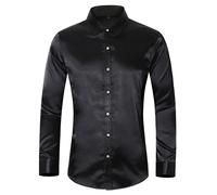 Uomo Camicia Casual Finta Seta Raso Lucido Top con Bottoni Slim Performance