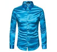 Uomo Camicia Casual Finta Seta Raso Lucido Top con Bottoni Slim Performance