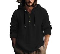 Uomo Camicia Lino Cotone Leggera Elegante Felpe con Cappuccio Estiva Comode Vacanze Magliette con Bottoni Taglie Forti Tinta Unita Henley Shirts Maniche Lunghe Spiaggia Camicia con Coulisse
