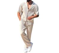 Uomo Casual Moda Tinta Unita Alla Moda Tasca Camicia A Maniche Corte Pantaloni Set Tan Suite, Beige, M