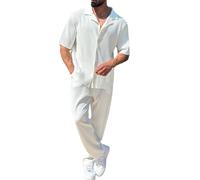 Uomo Casual Moda Tinta Unita Alla Moda Tasca Camicia A Maniche Corte Pantaloni Set Tan Suite, bianco, 3XL