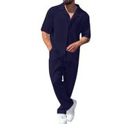 Uomo Casual Moda Tinta Unita Alla Moda Tasca Camicia A Maniche Corte Pantaloni Set Tan Suite, Nero , S