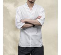 Uomo Cinese Cotone Retrò Lino Maglietta Hanfu Top 3/4 Maniche Kung Fu Blusa BAR