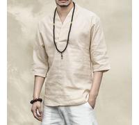 Uomo Cinese Cotone Retrò Lino Maglietta Hanfu Top 3/4 Maniche Kung Fu Blusa BAR