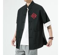 Uomo Cinese Ricamo Camicia Rana Bottoni Manica Corta Colletto Alla Coreana Blusa