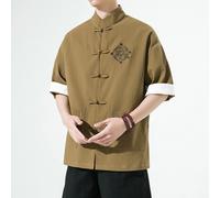 Uomo Cinese Ricamo Camicia Rana Bottoni Manica Corta Colletto Alla Coreana Blusa