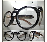 Uomo Classico Vintage Retrò Stile Lenti Trasparenti Occhiali Rotondo Nero & Wood