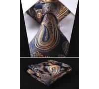 Uomo Cravatta Matrimonio Gratuito Tasca Fazzoletto Oro Bronzo Blu Fiori Seta Set