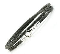Uomo/Donna Grigio Pelle Bracciale-Sterling Argento Clasp-3mm Intrecciato Doppio