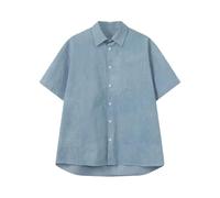 Uomo Due Pezzi Risvolto Manica Corta Monopetto Camicia Elastico Vita Dritta Gamba Pantaloncini, Solo Top Blu, L