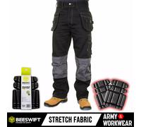 Uomo Elasticizzato Pantaloni Lavoro IN Cordura Ginocchio Pad Tasche Nero - Senza