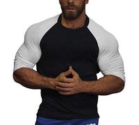 Uomo Fitness Bodybuilding in Esecuzione Tapered Henley Camicie con Manica Raglan 3/4 Nero-Bianco L