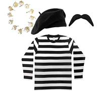 Uomo francese, costume fantasia nero e bianco, con maglia a righe + basco rosso o nero + baffi neri + ghirlanda di cipolla/aglio, set outfit uomo francese